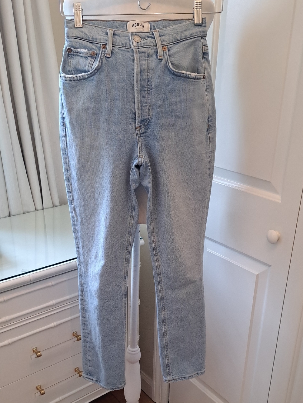 Agolde Womens Riley Long Light Stretch Distressed Wash High Straight Jeans 23